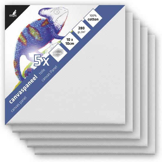 Een set van 5 witte canvaspanelen van 10x10cm, met een panterkameleon op de verpakking.
