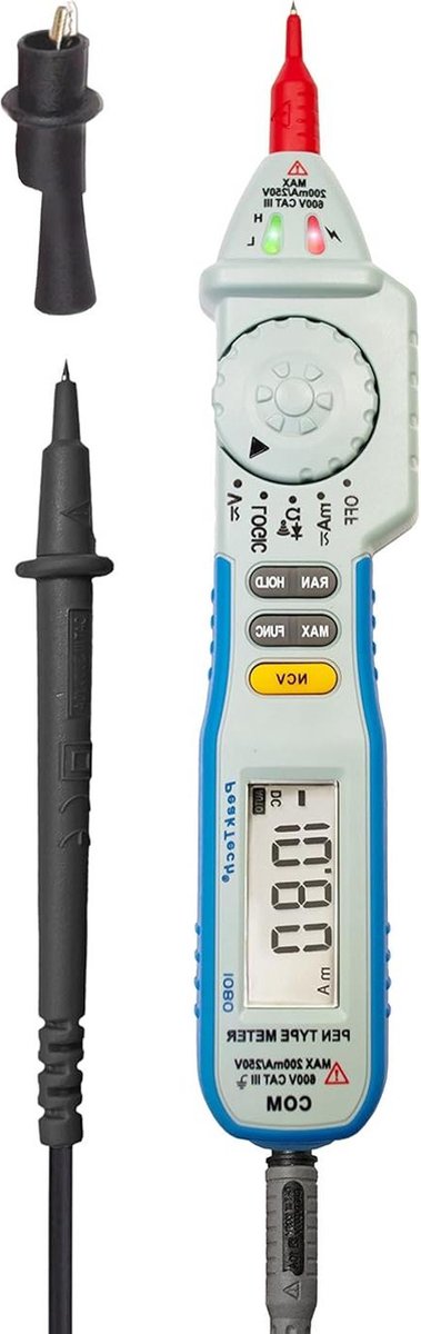 Digitale spanningsmeter - PeakTech P 1080 1080 met NCV en LED-display - pen handmultimeter voltmeter elektronische stroommeter doorgangstester AC-DC 2000 counts - maximaal 600 V