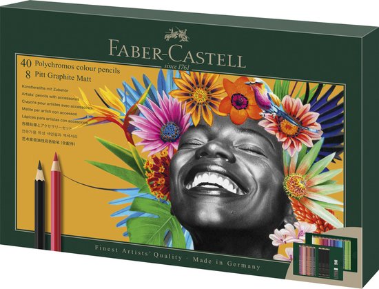 Faber-Castell Polychromos 40 kleuren potloden + 8 Pitt Graphite Matt potloden, met getekend gezicht van een vrouw met bloemenkrans.