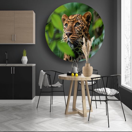Assiette murale Léopard - Tableau rond Animaux - Cercle mural Feuilles - Décoration murale moderne - Tableau - Décoration murale cercle mural aluminium 60x60 cm