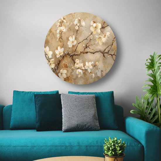Cercles muraux fleuris - Cercle mural nature - Peinture ronde Branches - Tableaux modernes - Cercles muraux - Oeuvres peinture cercle mural aluminium 60x60 cm