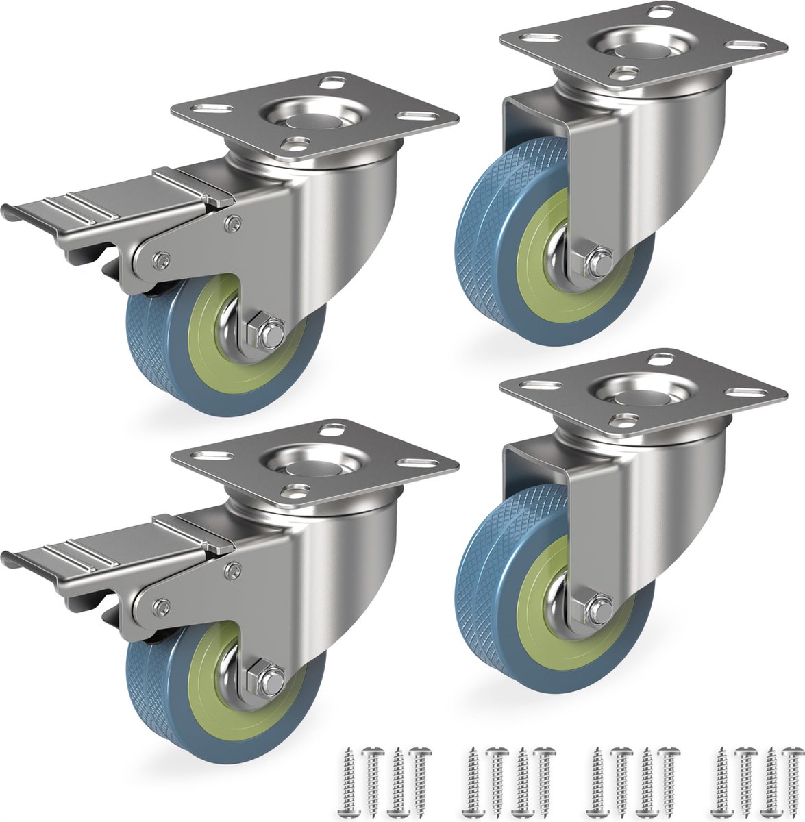 RAVN HAMAN Set van 4 meubelwielen, 50 mm, zware wielen tot 50 kg per wiel, 2 wielen met rem, zwenkwielen voor binnen, stabiele zwenkwielen, transportwielen met ribbels