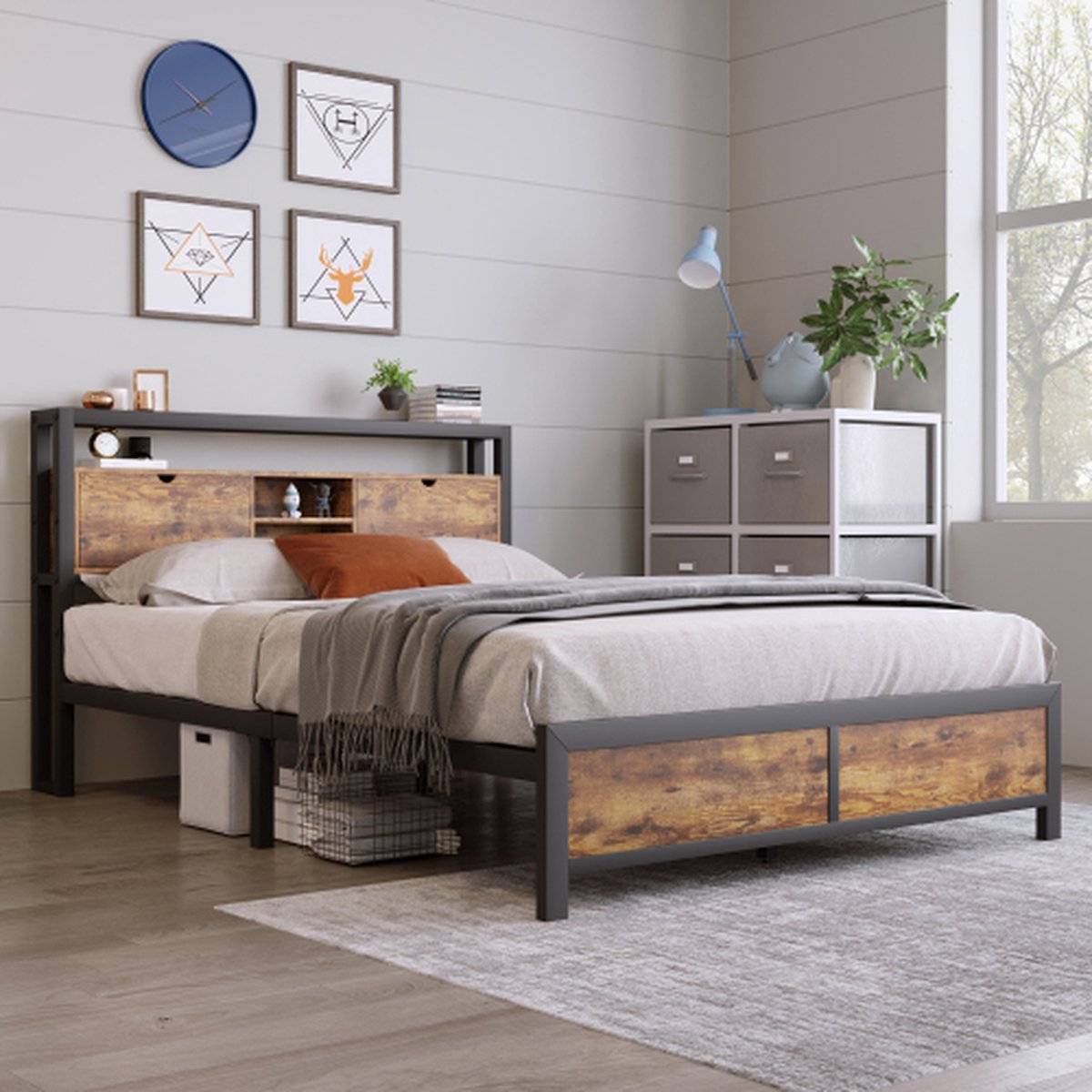 Metalen bed jeugdbedden tweepersoonsbed 140 x 200 cm met opbergruimte hoofdeinde en metalen lattenbodem