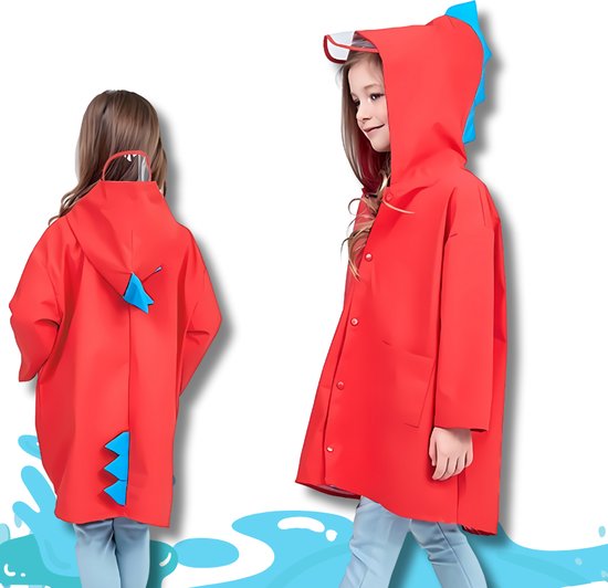 Foto: Boefieboef kinderregenjas regenponcho dinosaurus rood maat xl