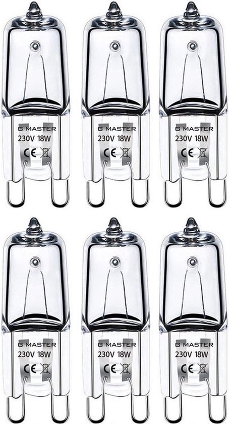 Zes G Master G9 halogeenlampen, 230V 18W, met metalen contactpunten.