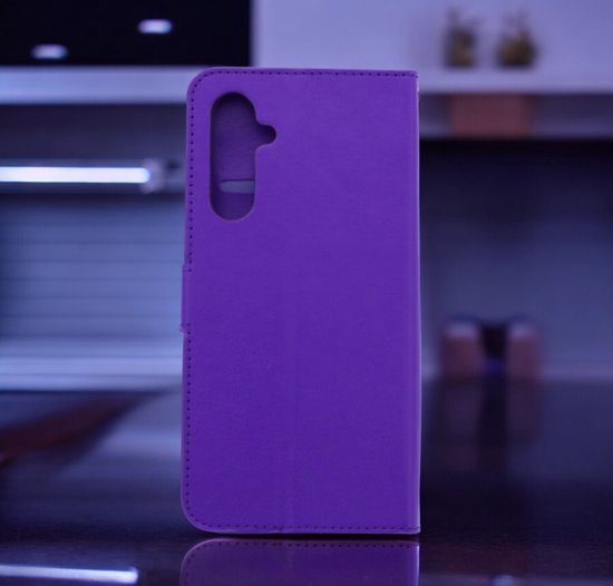 Bookcase Adapté pour : Samsung Galaxy A15 Violet - Étui portefeuille avec 2 pièces de protection d'écran en Glas - Couverture de livre