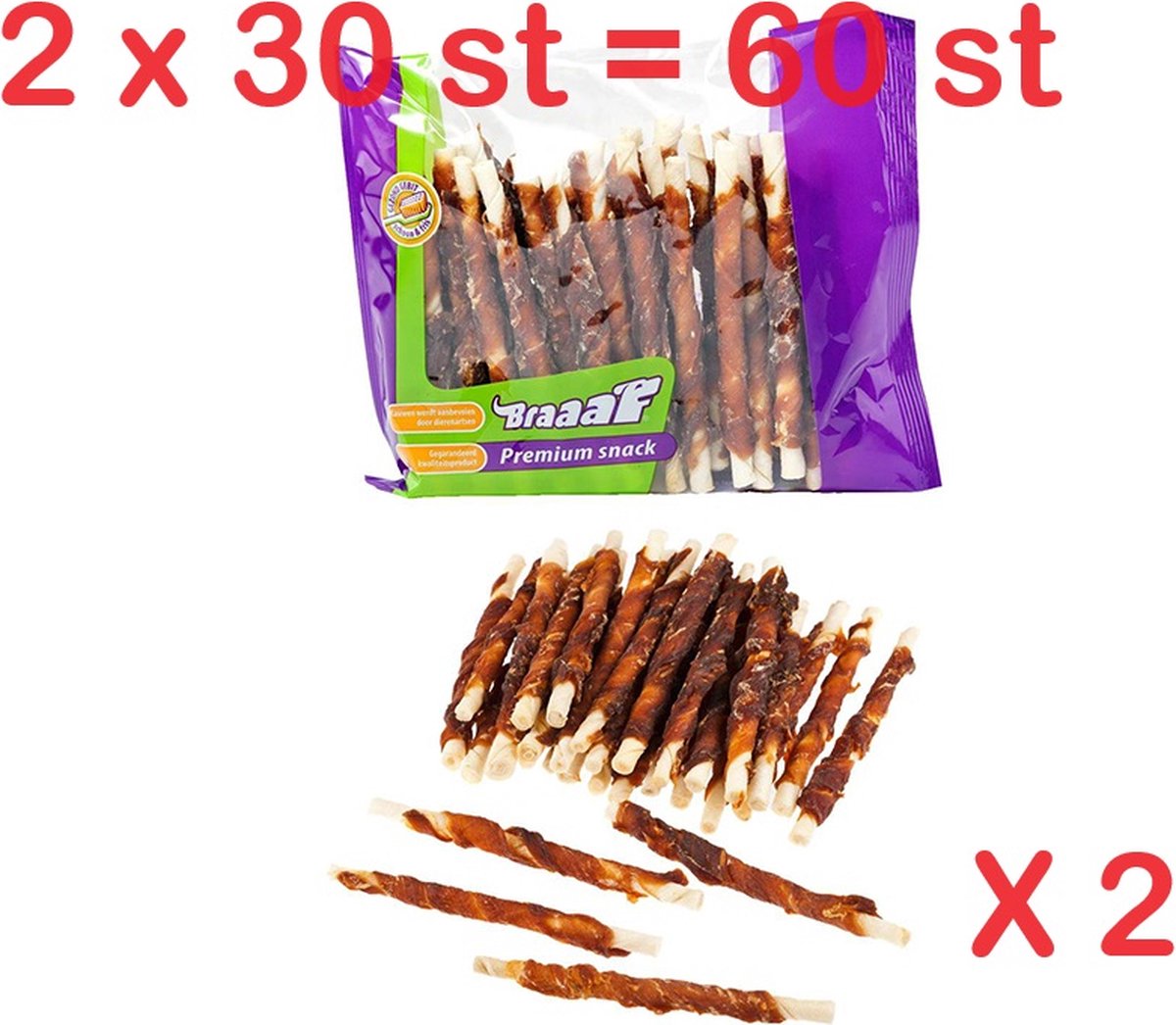 2 X BRAAAF : hondensnack - roll sticks met eend - glutenvrij - premium kwaliteit - 12.5 cm - 30 st X 2 = 60 st tandverzorgend, een lekkernij voor uw trouwe vriend
