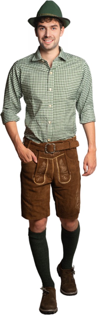 Tannhauser Lederhose Brixental met Riem Kort 100% Echt Leder Kort Oktoberfest Heren Carnavalskleding Heren Lederhosen Man - Leer - Donkerbruin - Maat L