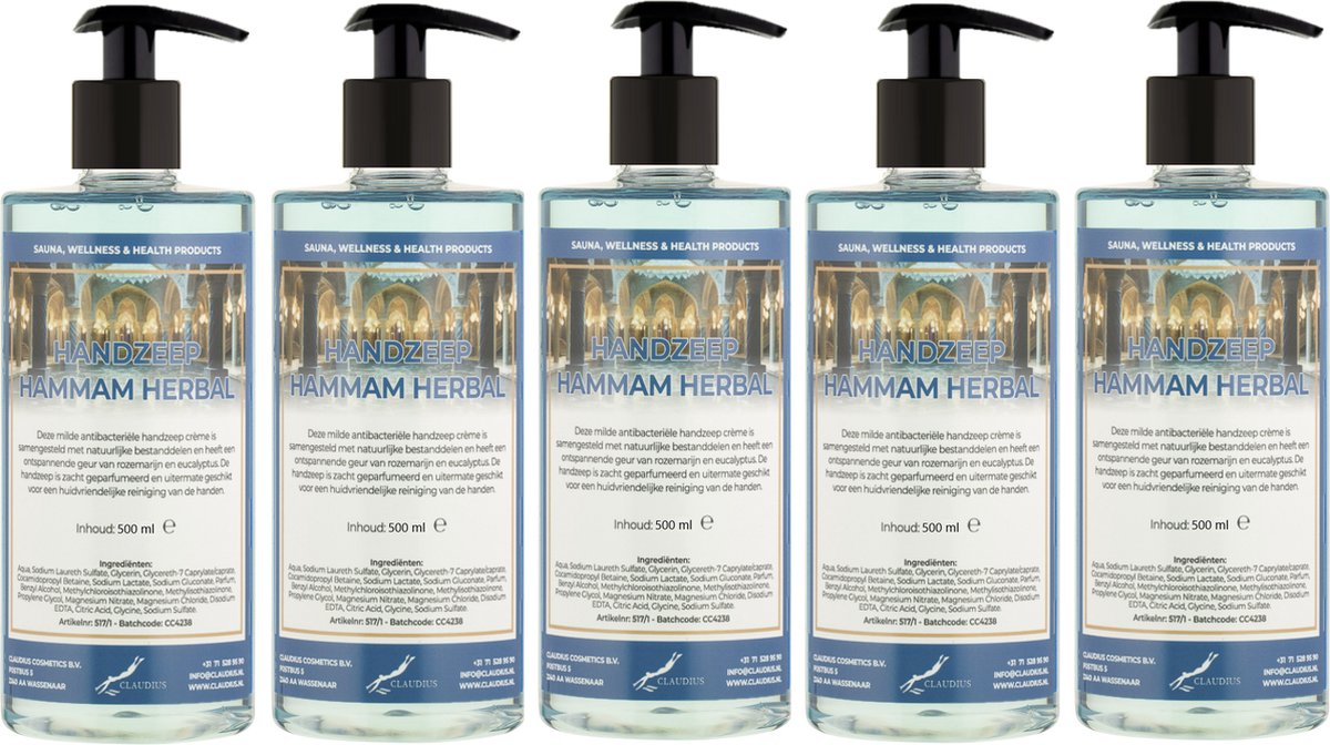 Goedkoopste Handzeep Hammam Herbal 500 ml - met gratis pompje - set van 5 stuks - Voordeelverpakking