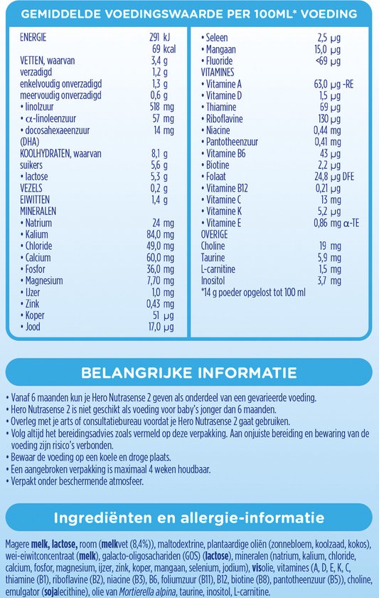Hero Nutrasense Classic 2 (6-12 Maanden) - Opvolgmelk - Flesvoeding - met Melkvet - Palmolievrij - 3 x 700 gram