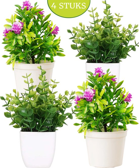Boncy® Premium Kunstplant in pot - 4 Stuks Kunstplanten - Nep planten voor Binnen en Buiten - Kamer Decoratie - Nepplanten Eucalyptus Kunst plant Boompje - Kunstbloemen