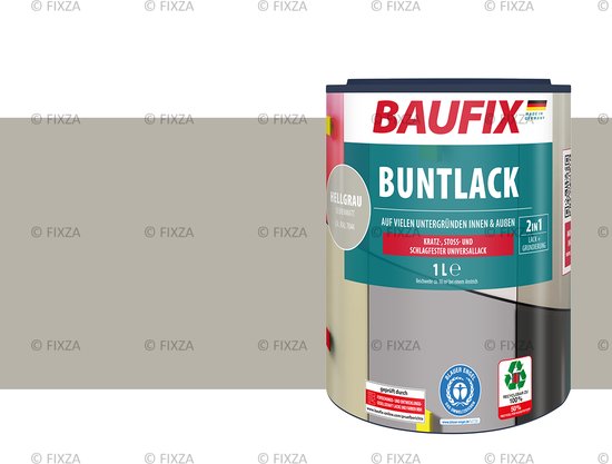 Boîte de peinture Baufix gris clair satiné, 1 litre. Avec "Blauer Engel" et logo de recyclage.