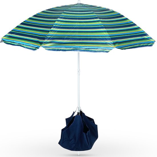 Houten Parasol, 2.7 m, Blauw-Wit Gestreepte Tuinscherm Marktscherm Strandparasol, Katrol Operated, UV-bescherming