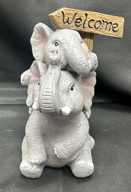Animal décoratif en polyrésine "éléphants superposés avec bienvenue" - multicolore - hauteur 15x11x6 cm - Accessoires de maison - Figurines décoratives - Accessoires de jardin