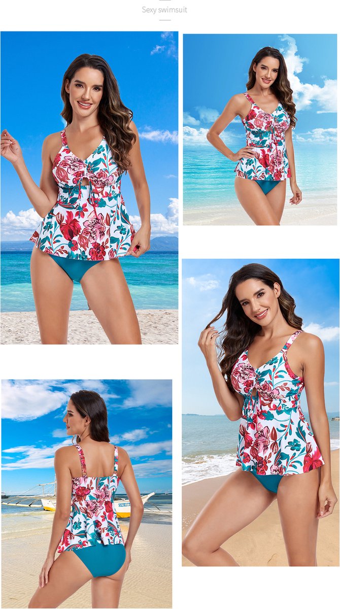 SHEKINI Tankini voor dames, U-hals, tweedelig, buikweg-badpak, tankini, bovendeel met rok, elegante badmode, zomer, badpak, strandmode, lichtblauw, L