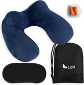 Loti Opblaasbaar Nekkussen set 3 in 1 met Opbergtasje - Vliegtuig Kussen - Reiskussentje - Fluweel - Inclusief slaapmasker en oordoppen – Blauw