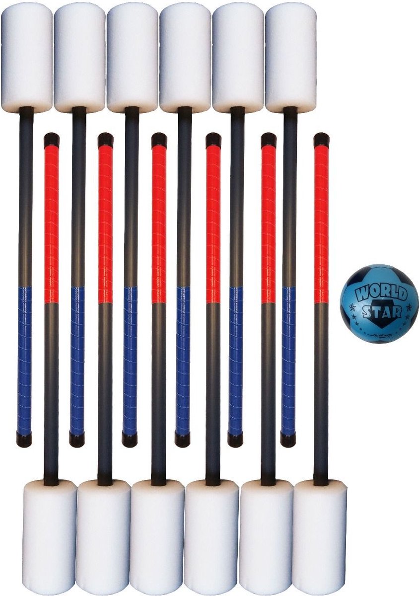 BounceBall | Knotsbal | Knotshockey | Tamponhockey | Rood-Blauw Set 12 PVC sticks + Bal