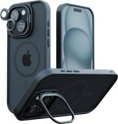 Telefoonhoesje geschikt voor iPhone 15 – 3 in 1 set - Hoesje + 2 Camera Protector – MagSafe Case – Met Telefoonstandaard - Zwart - Transparant
