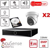 HIKVISION Acusense Camera Kit - Smart Hybrid Light + ColorVu - 2x 4k-8MP IP Camera Turret Actief Stroboscooplicht en Audio Alarm - Acusense NXI Serie 8xChannel NVR met POE - 4TB HDD uitbreidbaar tot maximaal 8x IP camera