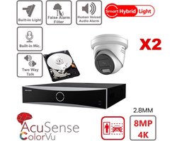 HIKVISION Acusense Camera Kit - Smart Hybrid Light + ColorVu - 2x 4k-8MP IP Camera Turret Actief Stroboscooplicht en Audio Alarm - Acusense NXI Serie 4xChannel NVR met POE - 4TB HDD uitbreidbaar tot maximaal 4x IP camera