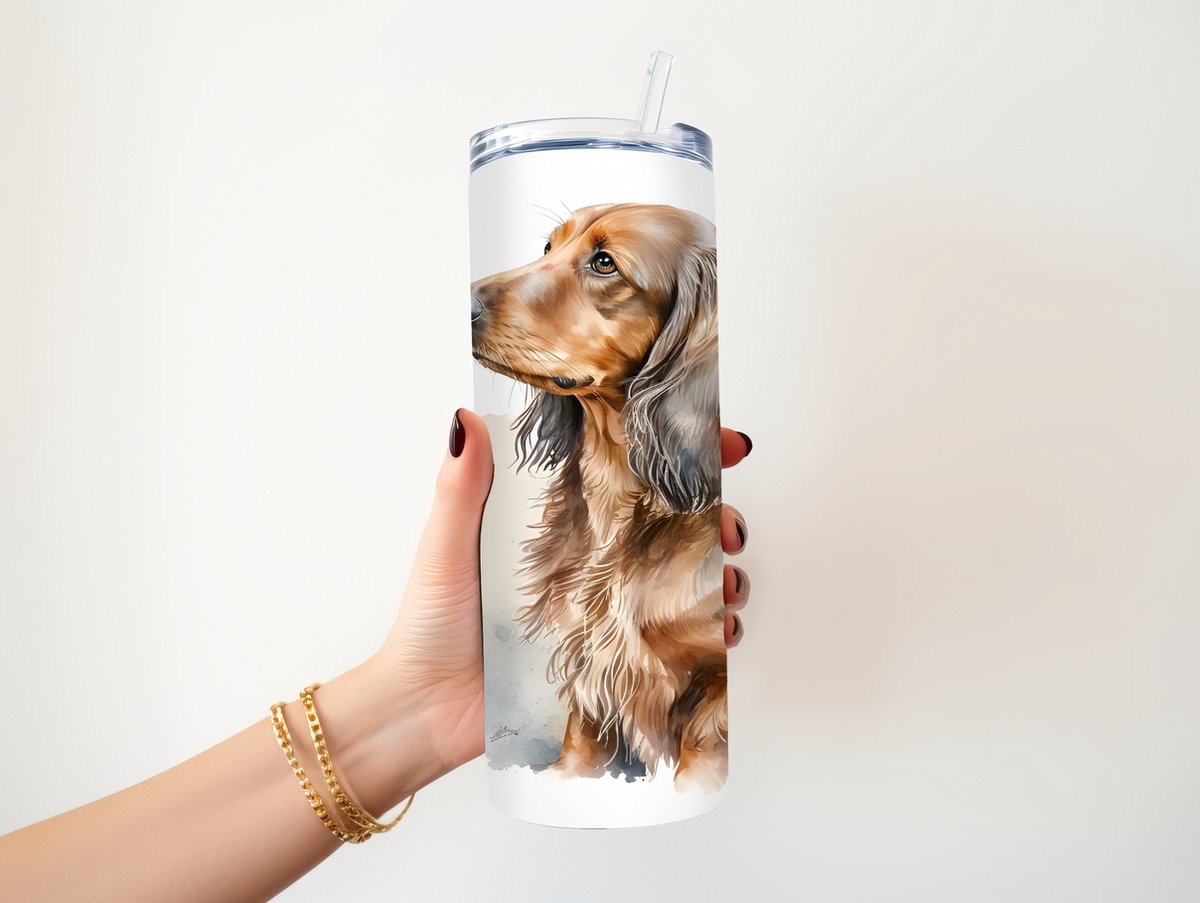 KadoDash - Tumbler - Teckel - Drinkbeker - Kinderen - Volwassenen - Isolatiebeker - langharige teckel tumbler