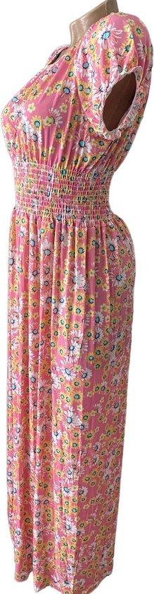 Roze off-shoulder jurk met korte pofmouwen en bloemenprint, smock detail