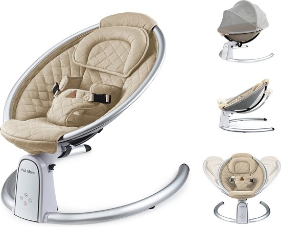 Hot Mom - Automatische Schommelstoel voor Baby’s - Elektrische Baby Wieg - Afstand bestuurbare Wipstoel - Vijf standen - Speel muziek af met Bluetooth - Stijlvol - 0-1 jaar - 60 x 70 x 55 cm - Beige