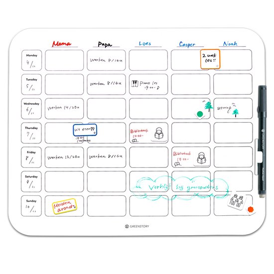 GreenStory - Tableau blanc collant - Calendrier familial (43 x 35 cm) - Agenda familial - 5 personnes - avec Sticky Pen