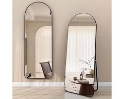 Passpiegel - 50 x 160cm Zwart - Arch Spiegel - Gebogen - Aluminium Frame HD Mirror - Staande Spiegel - Afgeronde Rand - Ovale Randen - Vrijstaande - Halfrond - Hangspiegel Met Haken - Kleedkamer Spiegel - Wandspiegel - Veiligheidsglas