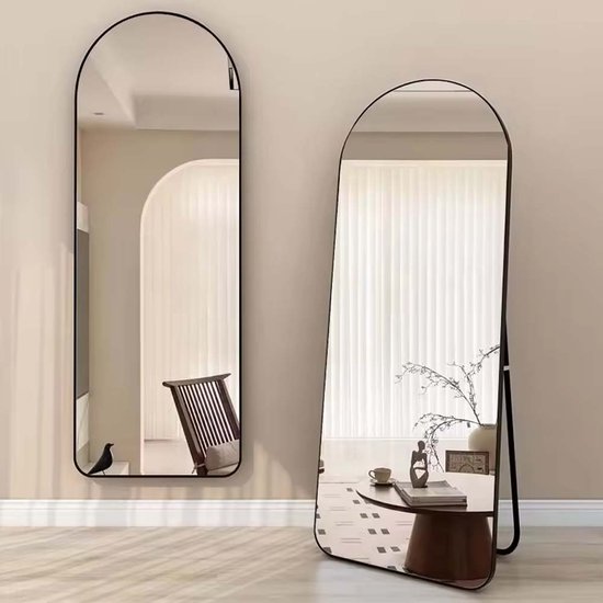 Passpiegel - 60 x 160cm Zwart - Arch Spiegel - Gebogen - Aluminium Frame HD Mirror - Staande Spiegel - Afgeronde Rand - Ovale Randen - Vrijstaande - Halfrond - Hangspiegel Met Haken - Kleedkamer Spiegel - Wandspiegel - Veiligheidsglas