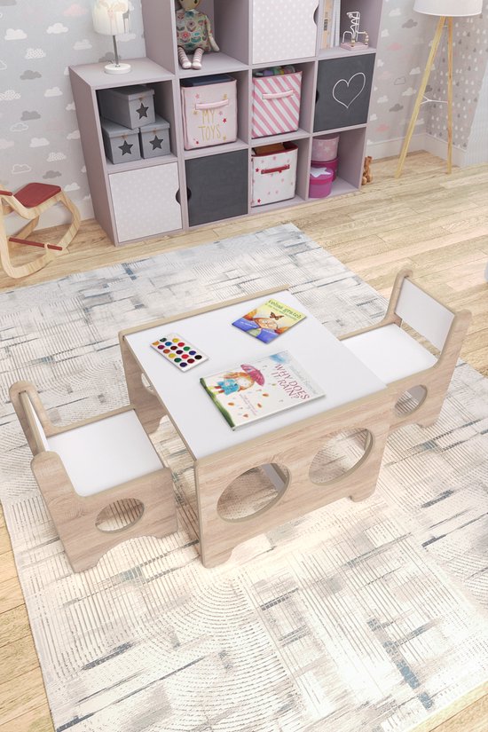 Zeo Wood - Table enfant et 2 Sièges - Table de jeu - Bureau enfant - Table enfant avec 2 Sièges - Table enfant Montessori - Table enfant et 2 Sièges