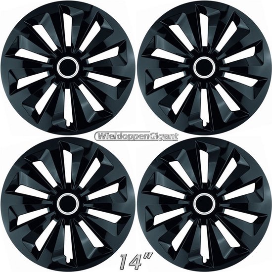 Set van vier zwarte wieldoppen van 14 inch met glanzend zwart en chroom accent. Elk heeft 10 spaken.