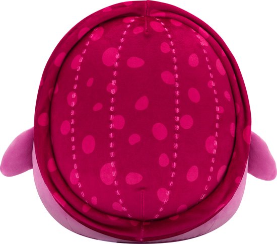 Achterkant van een roze zeeschildpad knuffel met een gestippelde rode rug.