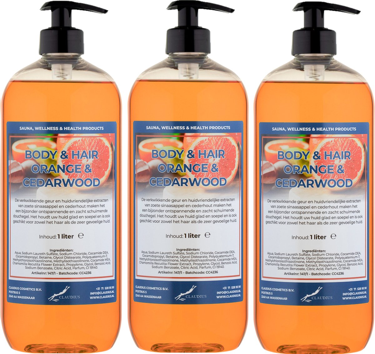 Goedkoopste Body & Hair Sweet Orange & Cedarwood 1 liter - set van 3 stuks - met gratis pomp - 2 in 1 voor lichaam en haar.