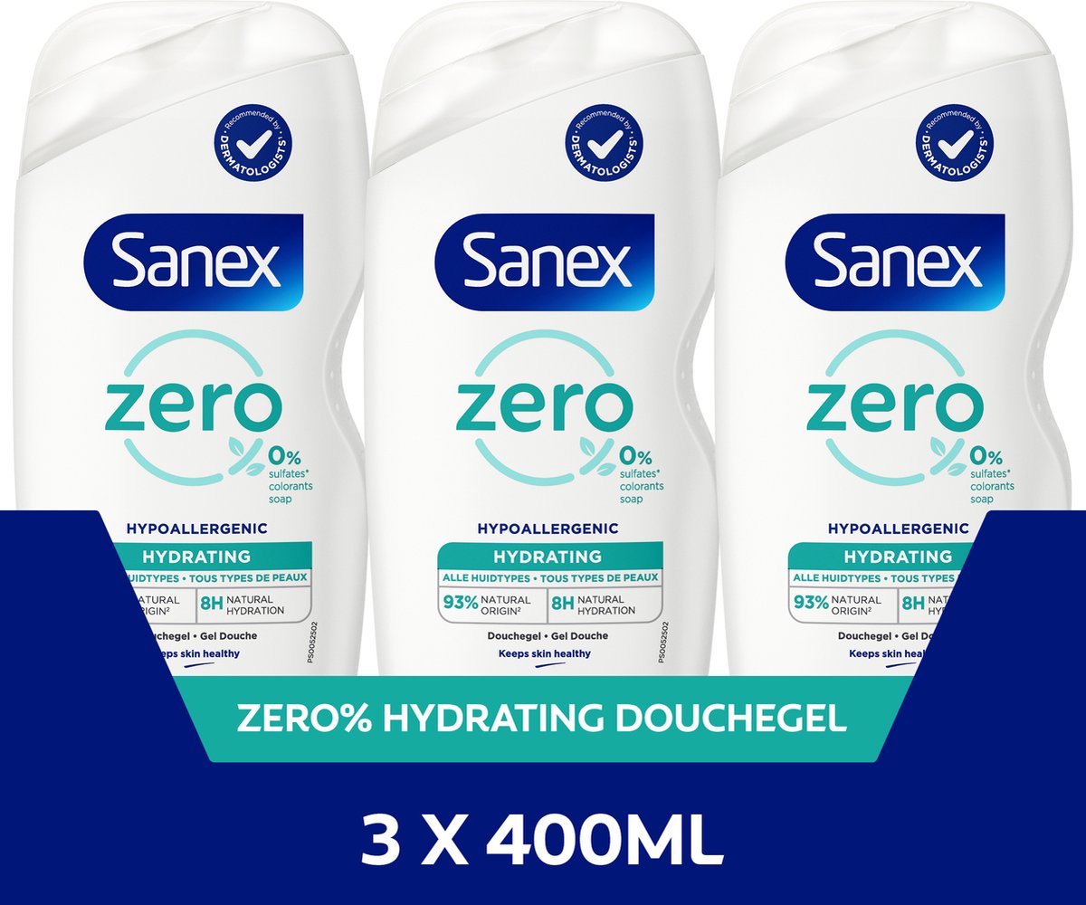 Goedkoopste Sanex Zero Hypoallergenic Hydrating Douchegel - 3 x 400ml - Voordeelverpakking