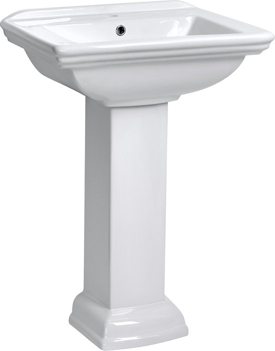 Lavabo blanc en porcelaine sur un piètement carré.