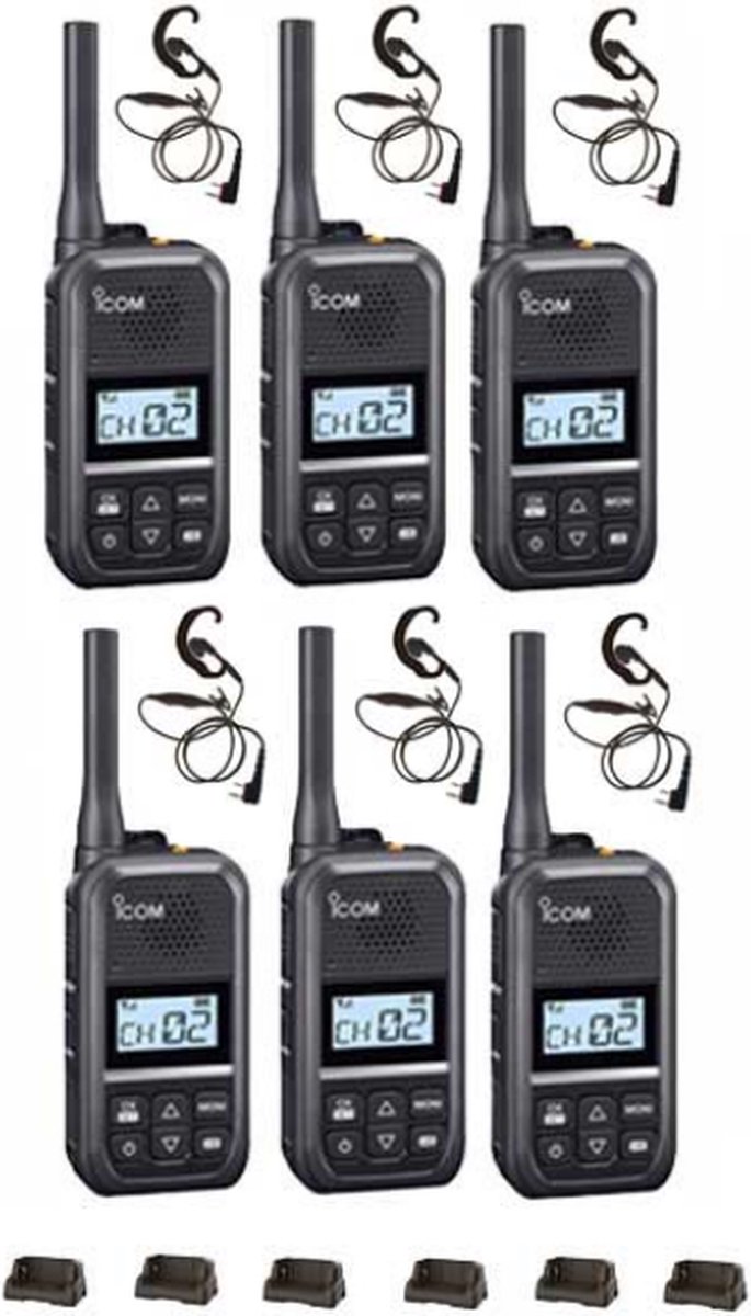 Set van 6 Icom IC-U20SR IP54 mini Portofoon met tafel lader en C-ring oortje