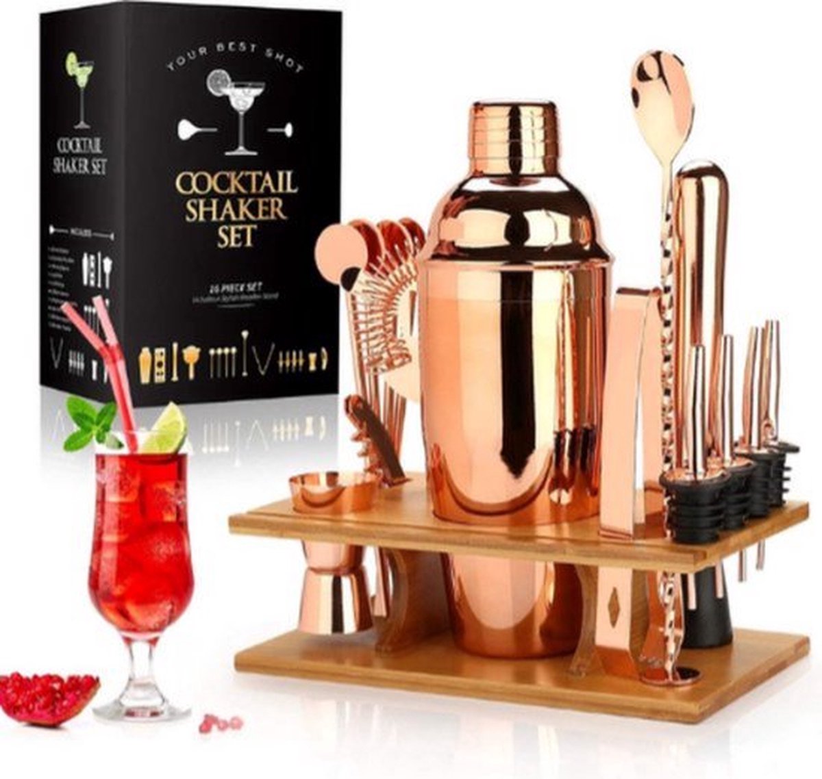 Boriso Luxe Cocktail Shaker Set 16 Delig Rosé Goud Stijl 3 Incl. Rechthoekig Bamboe Standaard