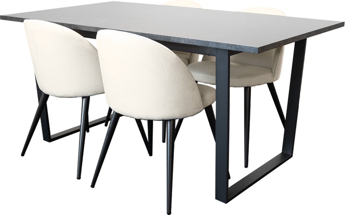Tilst eethoek eettafel zwart marmer print en 4 stoelen fluweel beige.