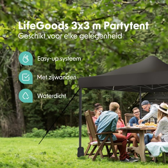 Een partytent in een tuin met mensen aan tafel. De tekst vermeldt: 'LifeGoods 3x3 m Partytent', 'Easy-up systeem', 'Met zijwanden', 'Waterdicht'.