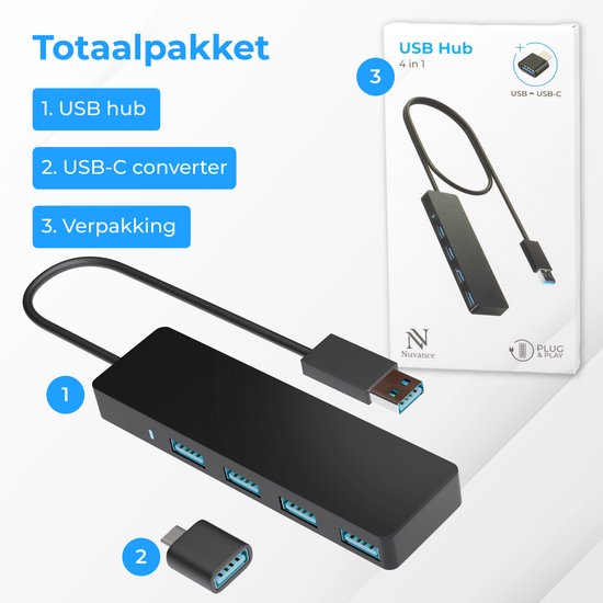 Nuvance USB Hub - USB Splitter & USB C Hub met 4 Poorten - USB 3.0 – 5Gbps - Inclusief USB-C Converter - Universeel - Zwart
