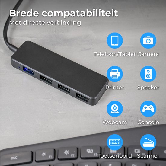Nuvance USB Hub - USB Splitter & USB C Hub met 4 Poorten - USB 3.0 – 5Gbps - Inclusief USB-C Converter - Universeel - Zwart