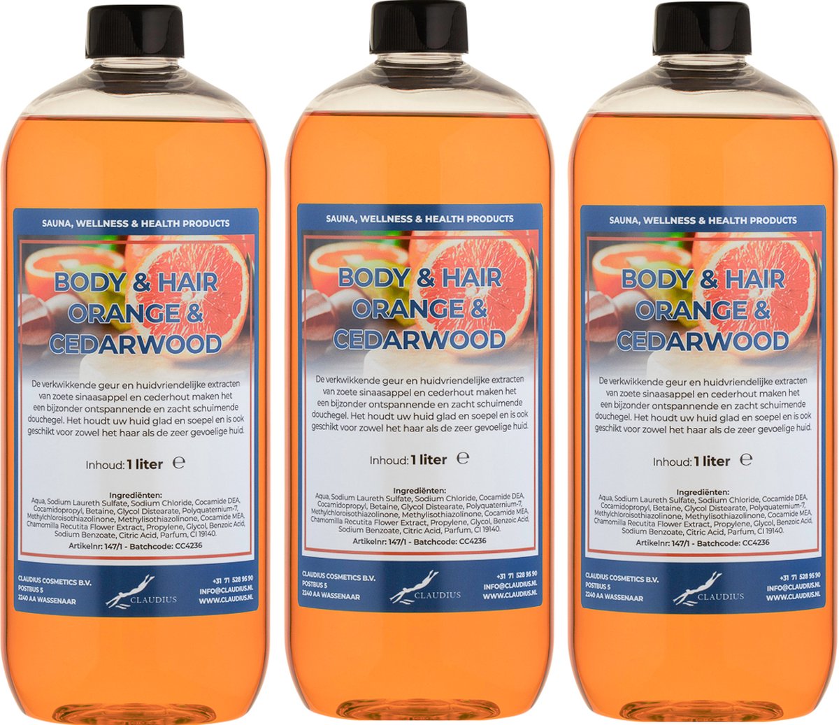 Goedkoopste Body & Hair Sweet Orange & Cedarwood 1 liter - set van 3 stuks - 2 in 1 voor lichaam en haar.