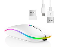 StayPowered Draadloze Muis - Draadloos Gemak en Stijlvol Design - Dual Mode Bluetooth 5.1 + 2.4 GHz - 7 Kleuren RGB Verlichting - Stil en Ergonomisch - 3 DPI Niveaus - Lange Batterijduur - Wit - Levering Sneller dan Aangegeven!