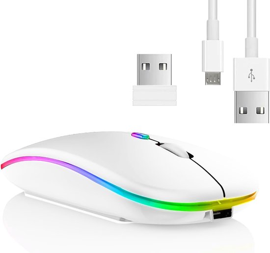 StayPowered Draadloze Muis - Draadloos Gemak en Stijlvol Design - Dual Mode Bluetooth 5.1 + 2.4 GHz - 7 Kleuren RGB Verlichting - Stil en Ergonomisch - 3 DPI Niveaus - Lange Batterijduur - Wit - Levering Sneller dan Aangegeven!
