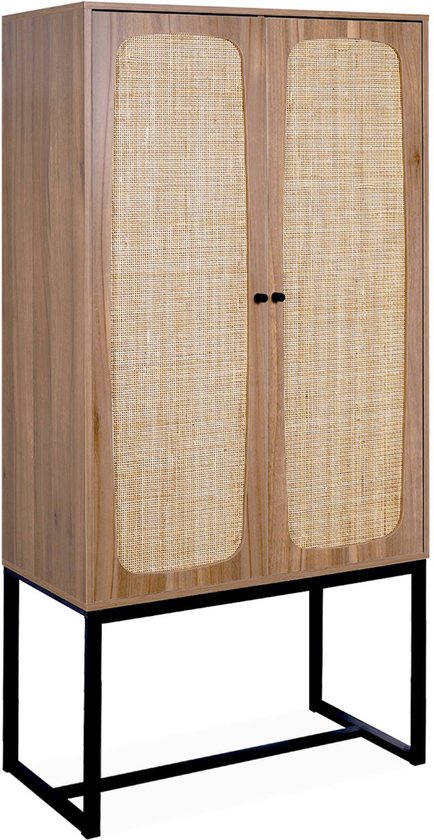 sweeek - Vintage wandkast 2 deuren houtdecor rotan en metaal 80cm - retro