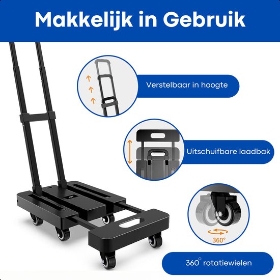 Zwarte Moove steekwagen, opvouwbaar, met in hoogte verstelbare handgreep en 360° zwenkwielen.