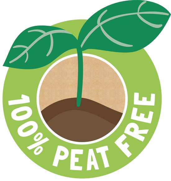 Logo: een groene spruit met twee bladeren. Tekst: "100% PEAT FREE".