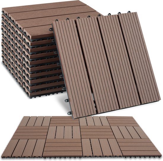 Carrelage en bois tectake® WPC - Carrelage aspect bois, résistant aux intempéries - Revêtement de sol pour jardin d'hiver - Carrelage de sol - Sol de balcon - Carrelage de terrasse avec système de clic - Drain - Lot de 11/marron