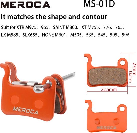 Oranje "MEROCA" remblokken, afmetingen 32.5mm x 27mm x 13.7mm.